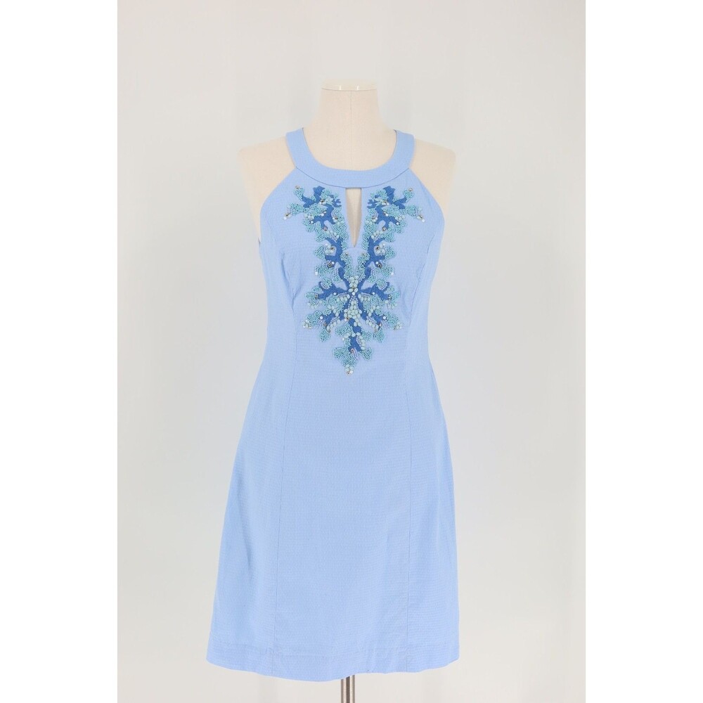 Lilly Pulitzer Jena Stretch Shift Dress Baby Blue Peri Tint Beaded Coral 6